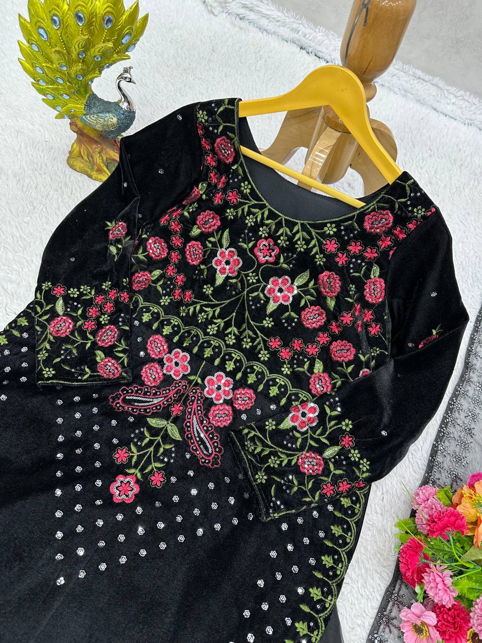 Amazing Black Color Viscos Velvet Sequence Thread Work Indo Western