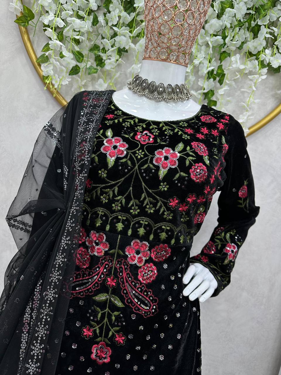 Amazing Black Color Viscos Velvet Sequence Thread Work Indo Western