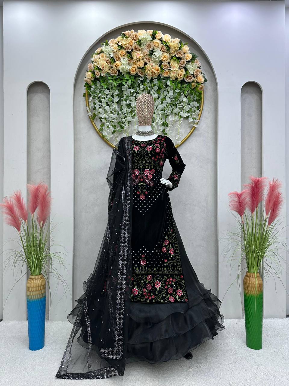 Amazing Black Color Viscos Velvet Sequence Thread Work Indo Western