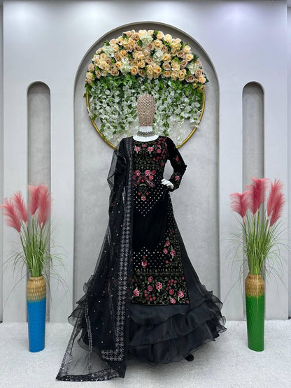 Amazing Black Color Viscos Velvet Sequence Thread Work Indo Western