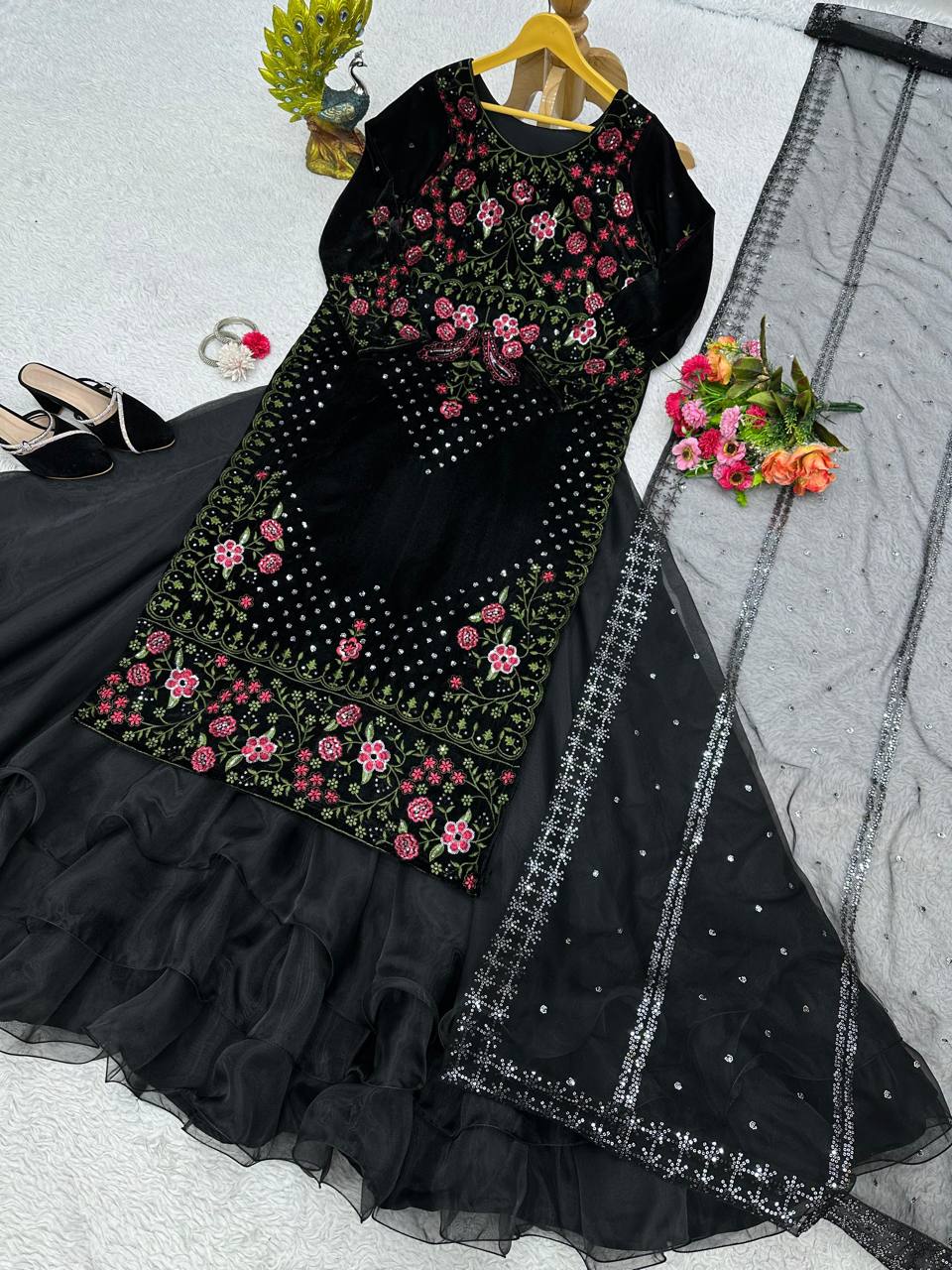 Amazing Black Color Viscos Velvet Sequence Thread Work Indo Western