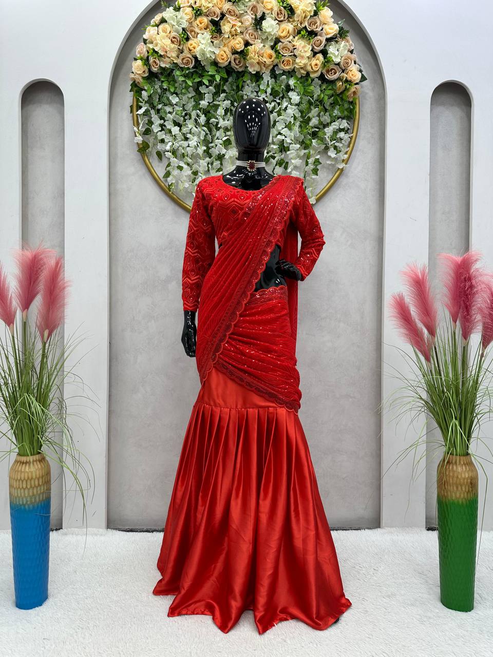 Novelty Red Color Ultra Satin Sequence Embroidered Work Lehenga Saree
