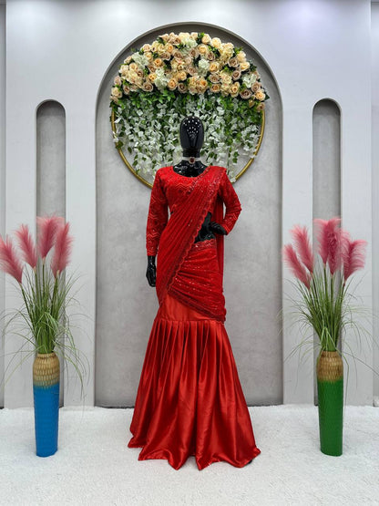 Novelty Red Color Ultra Satin Sequence Embroidered Work Lehenga Saree