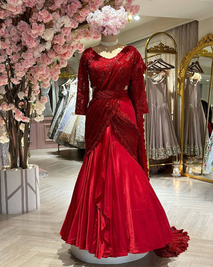 Novelty Red Color Ultra Satin Sequence Embroidered Work Lehenga Saree
