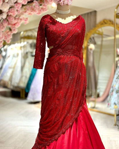 Novelty Red Color Ultra Satin Sequence Embroidered Work Lehenga Saree