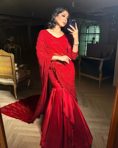 Novelty Red Color Ultra Satin Sequence Embroidered Work Lehenga Saree