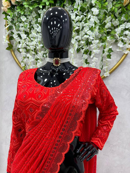 Novelty Red Color Ultra Satin Sequence Embroidered Work Lehenga Saree