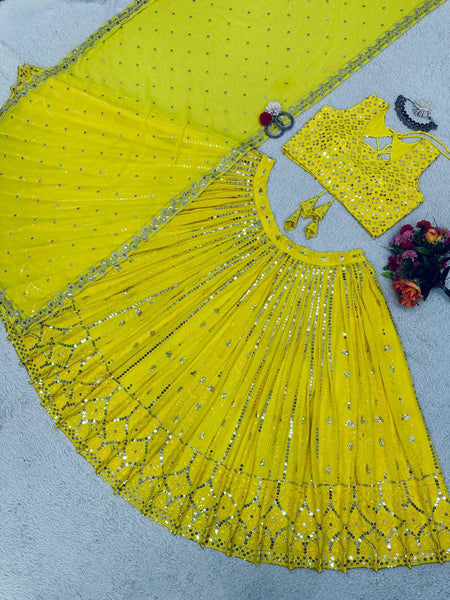 Pleasant Yellow Color Georgette Sequence Embroidered Work Lehenga Choli