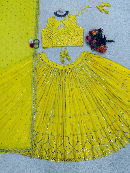 Pleasant Yellow Color Georgette Sequence Embroidered Work Lehenga Choli