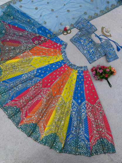 Wedding Wear Multi Color Mono Phantom Zari Sequence Work Lehenga Choli