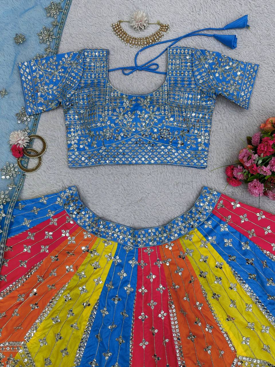 Wedding Wear Multi Color Mono Phantom Zari Sequence Work Lehenga Choli
