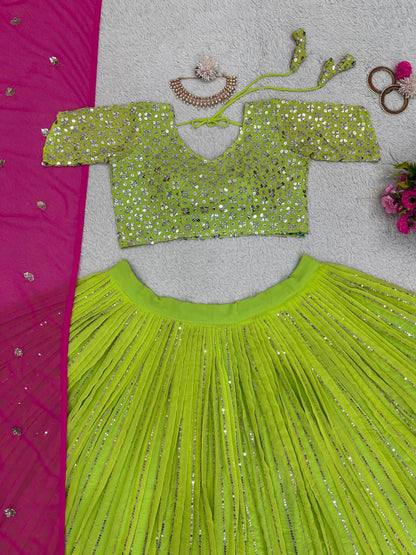 Best Quality Green Color Sequence Work Georgette Lehenga Choli