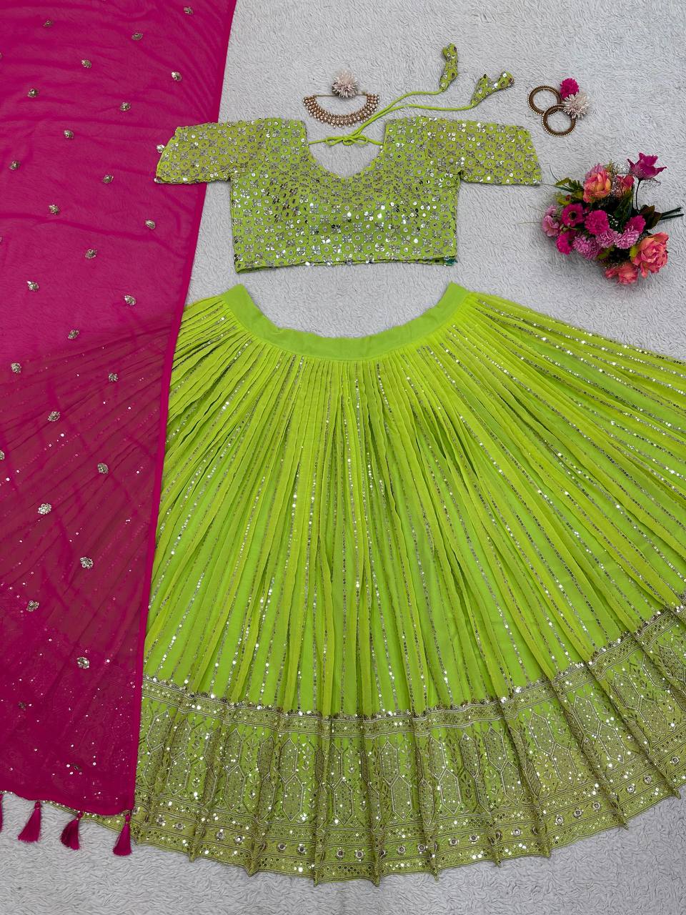Best Quality Green Color Sequence Work Georgette Lehenga Choli