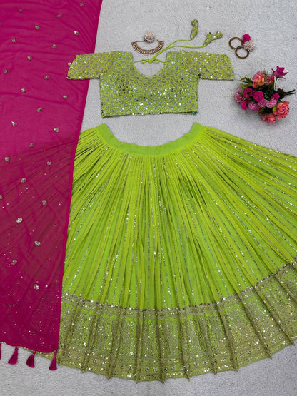 Best Quality Green Color Sequence Work Georgette Lehenga Choli
