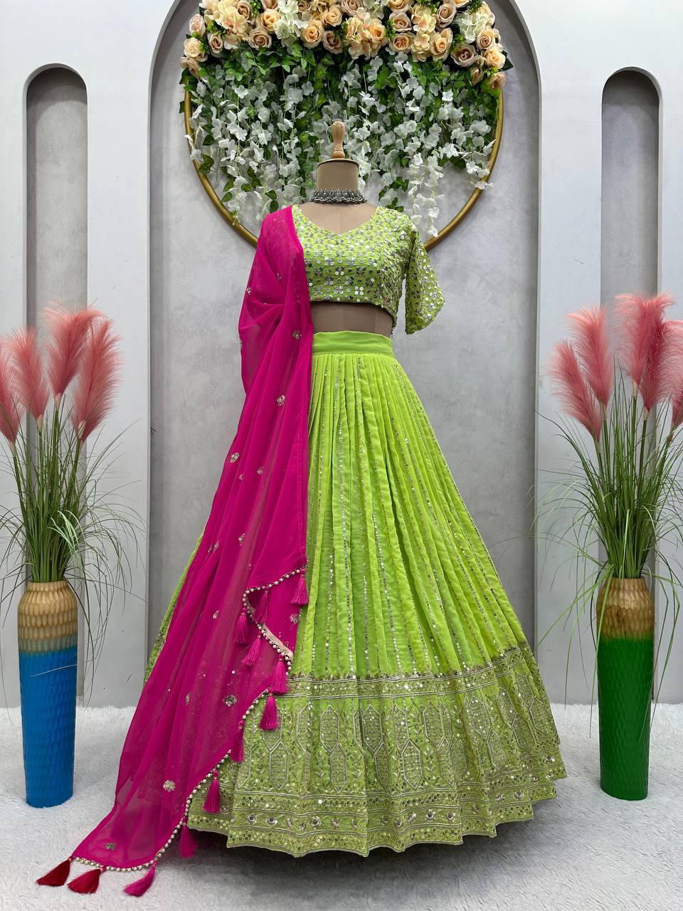 Best Quality Green Color Sequence Work Georgette Lehenga Choli