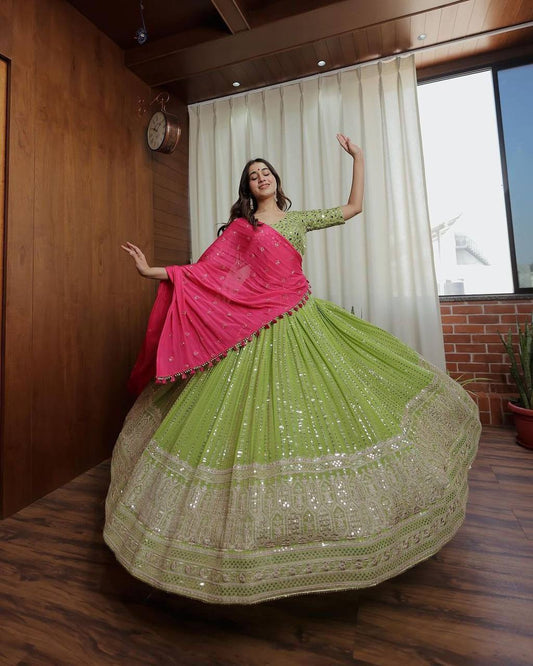 Best Quality Green Color Sequence Work Georgette Lehenga Choli