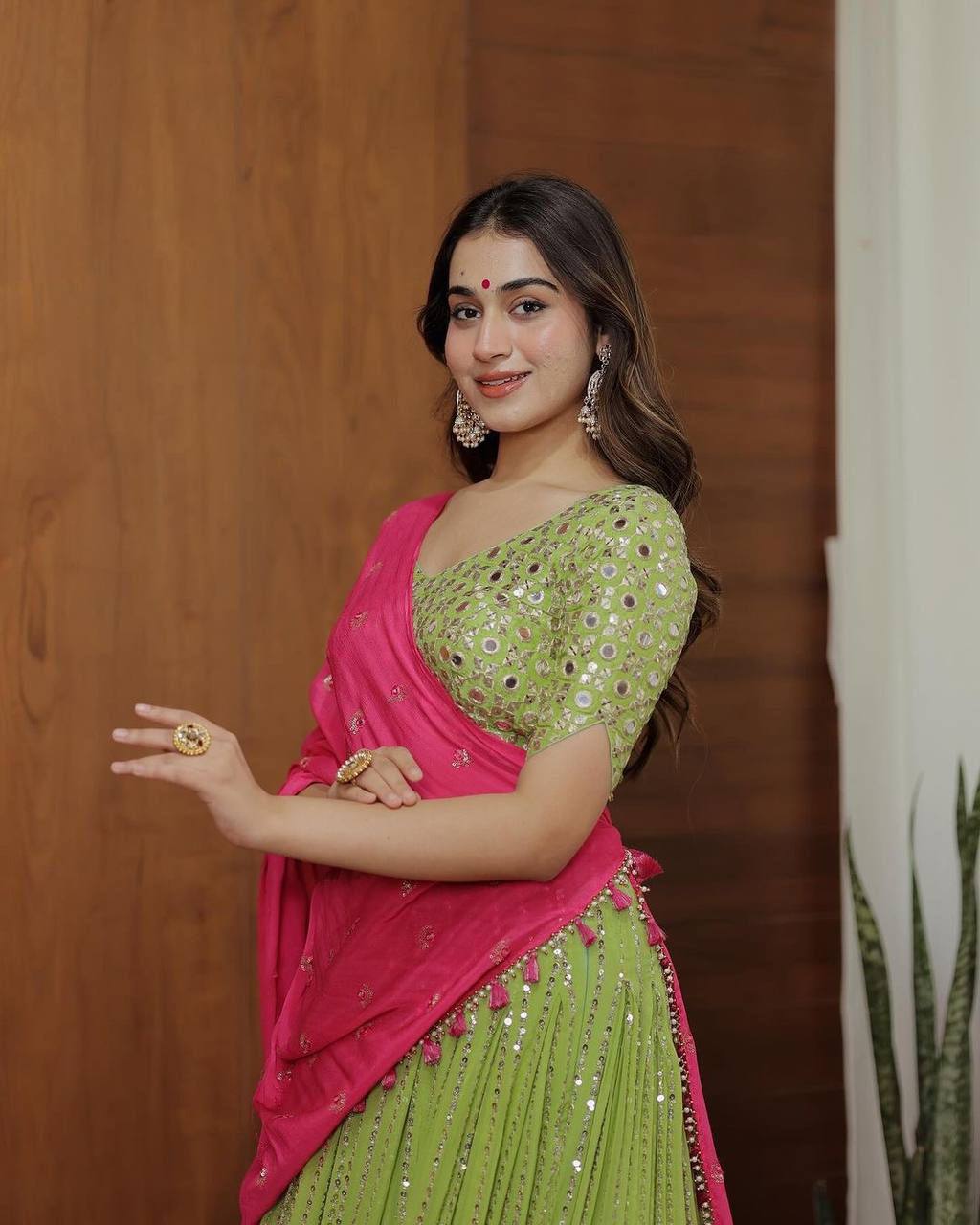 Best Quality Green Color Sequence Work Georgette Lehenga Choli