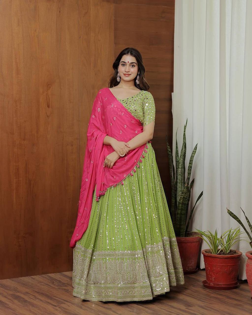 Best Quality Green Color Sequence Work Georgette Lehenga Choli