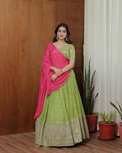 Best Quality Green Color Sequence Work Georgette Lehenga Choli