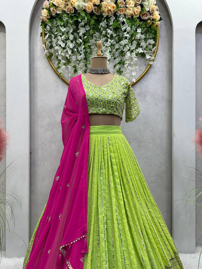 Best Quality Green Color Sequence Work Georgette Lehenga Choli