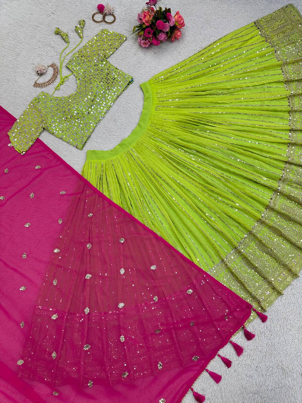 Best Quality Green Color Sequence Work Georgette Lehenga Choli