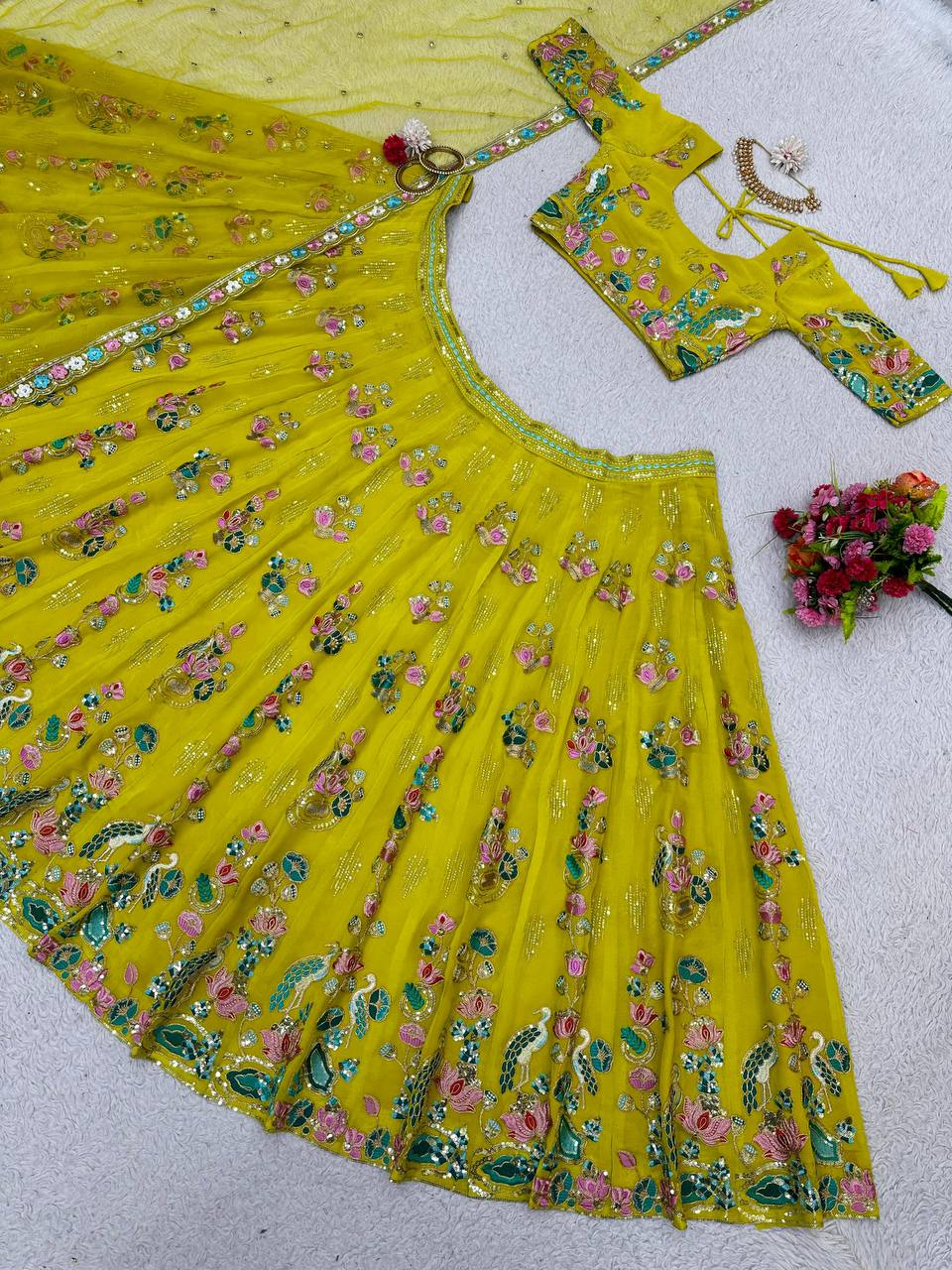 Beautiful Green Color Georgette Sequence Work Lehenga Choli For Women