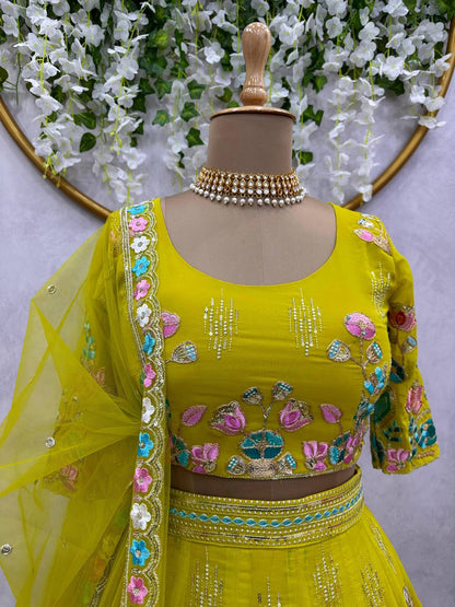 Beautiful Green Color Georgette Sequence Work Lehenga Choli For Women