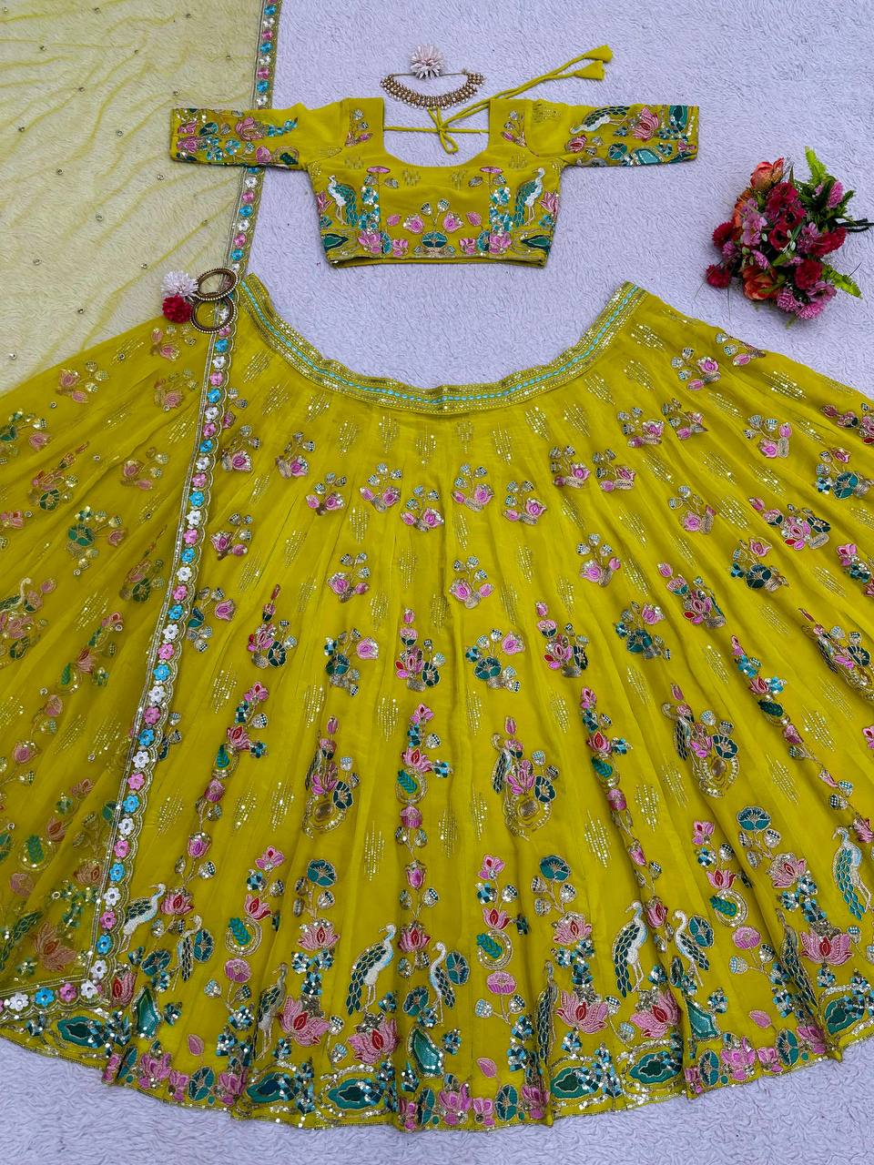 Beautiful Green Color Georgette Sequence Work Lehenga Choli For Women