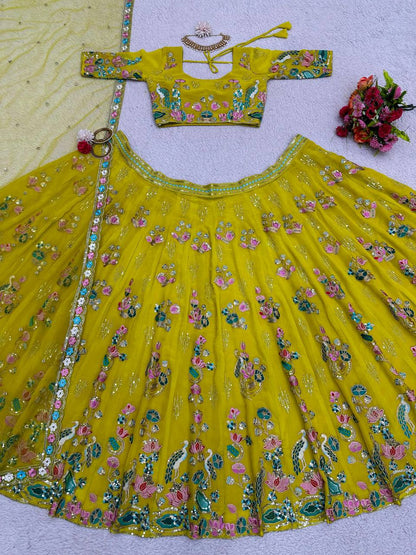 Beautiful Green Color Georgette Sequence Work Lehenga Choli For Women