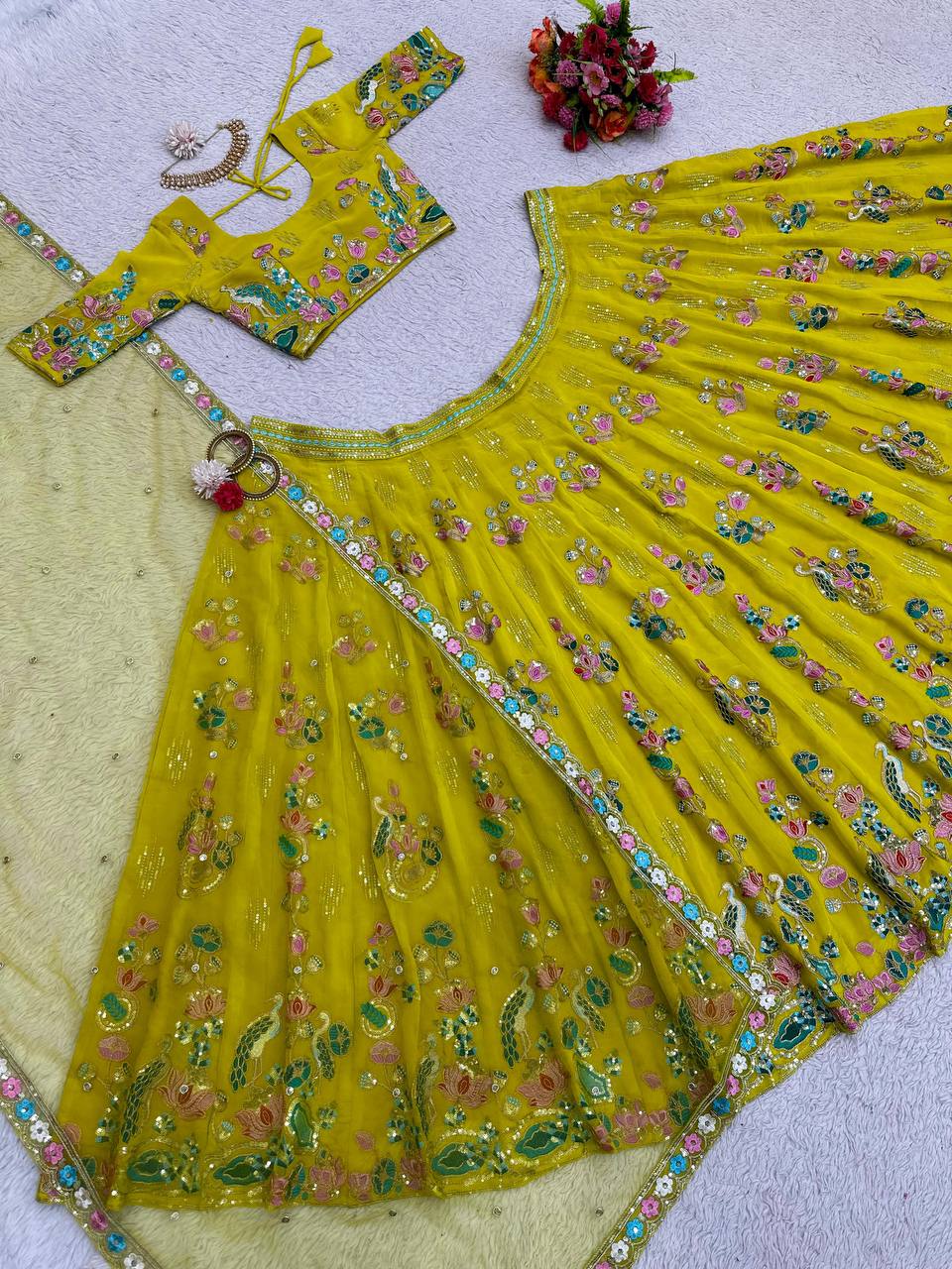 Beautiful Green Color Georgette Sequence Work Lehenga Choli For Women