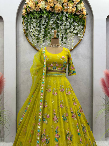 Beautiful Green Color Georgette Sequence Work Lehenga Choli For Women