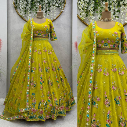 Beautiful Green Color Georgette Sequence Work Lehenga Choli For Women