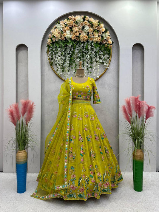 Beautiful Green Color Georgette Sequence Work Lehenga Choli For Women