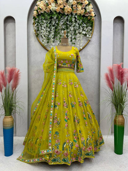 Beautiful Green Color Georgette Sequence Work Lehenga Choli For Women