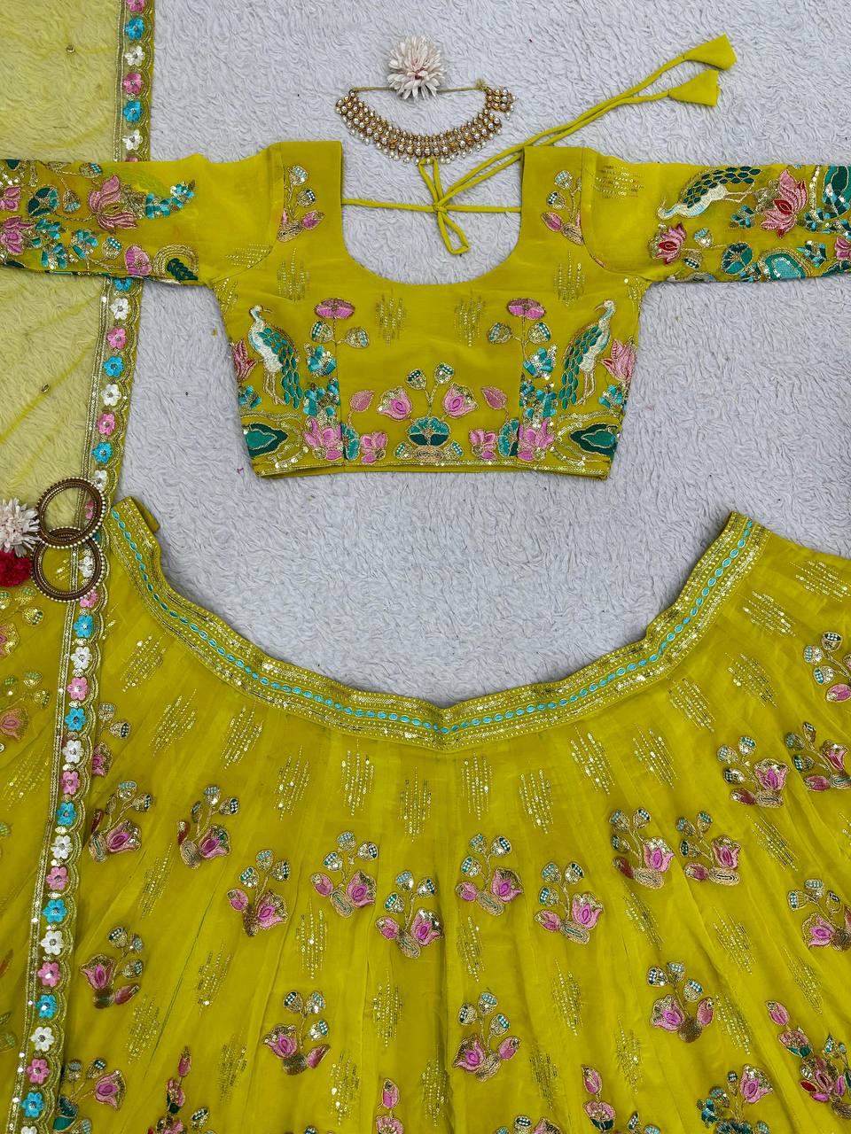 Beautiful Green Color Georgette Sequence Work Lehenga Choli For Women