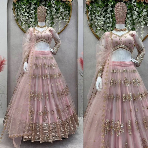 Latest Peach Color Butterfly Net Sequence Work Wedding Wear Lehenga Choli