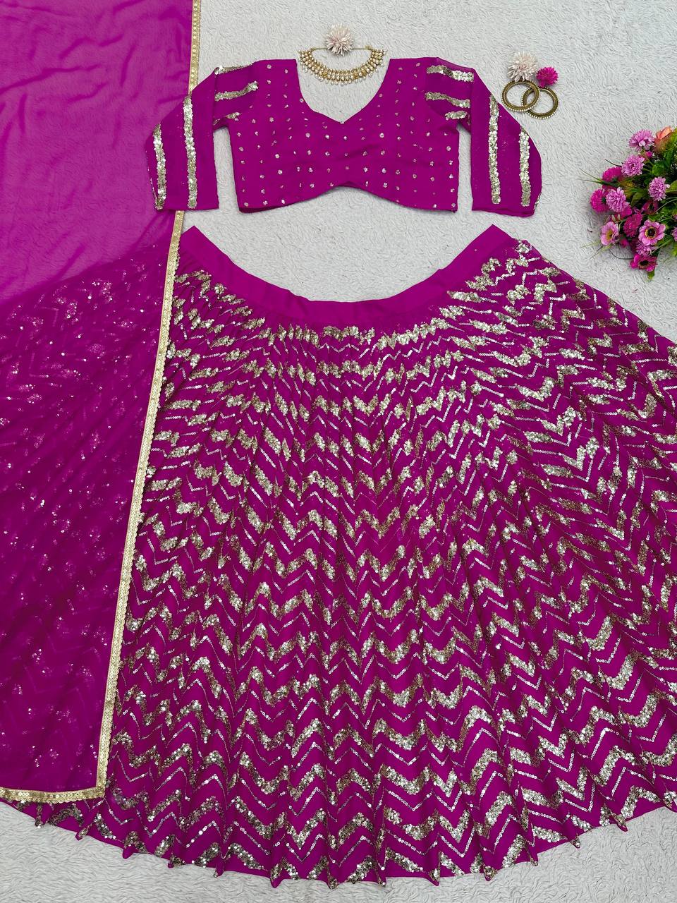 Wedding Wear Wine Color Georgette Sequence Work Lehenga Choli