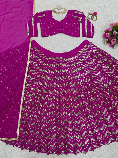Wedding Wear Wine Color Georgette Sequence Work Lehenga Choli