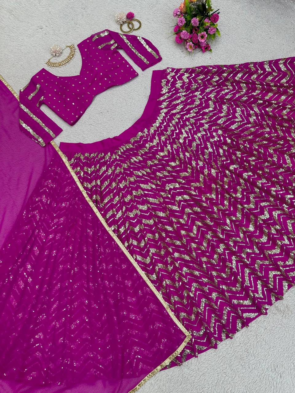Wedding Wear Wine Color Georgette Sequence Work Lehenga Choli