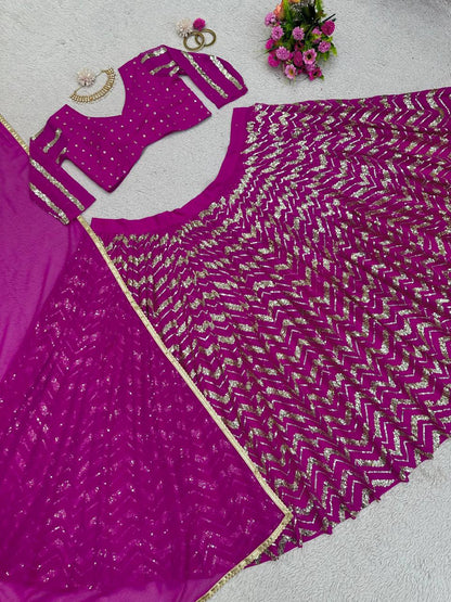 Wedding Wear Wine Color Georgette Sequence Work Lehenga Choli