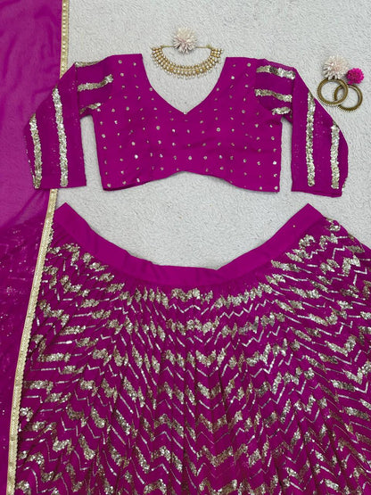 Wedding Wear Wine Color Georgette Sequence Work Lehenga Choli
