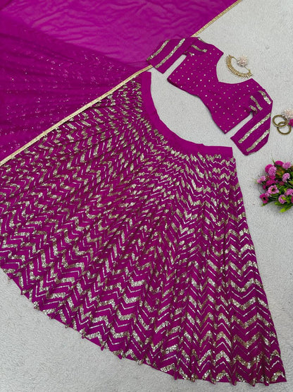 Wedding Wear Wine Color Georgette Sequence Work Lehenga Choli