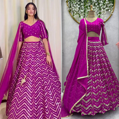 Wedding Wear Wine Color Georgette Sequence Work Lehenga Choli