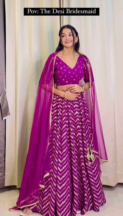 Wedding Wear Wine Color Georgette Sequence Work Lehenga Choli
