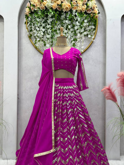 Wedding Wear Wine Color Georgette Sequence Work Lehenga Choli