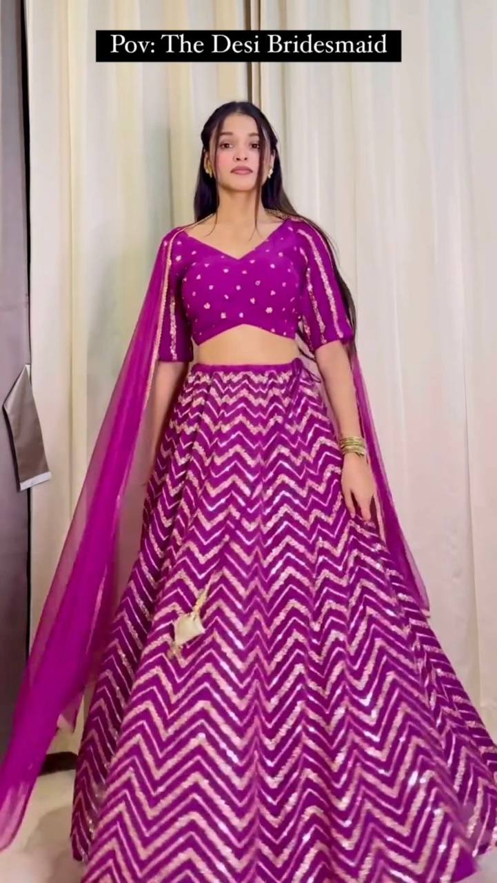 Wedding Wear Wine Color Georgette Sequence Work Lehenga Choli