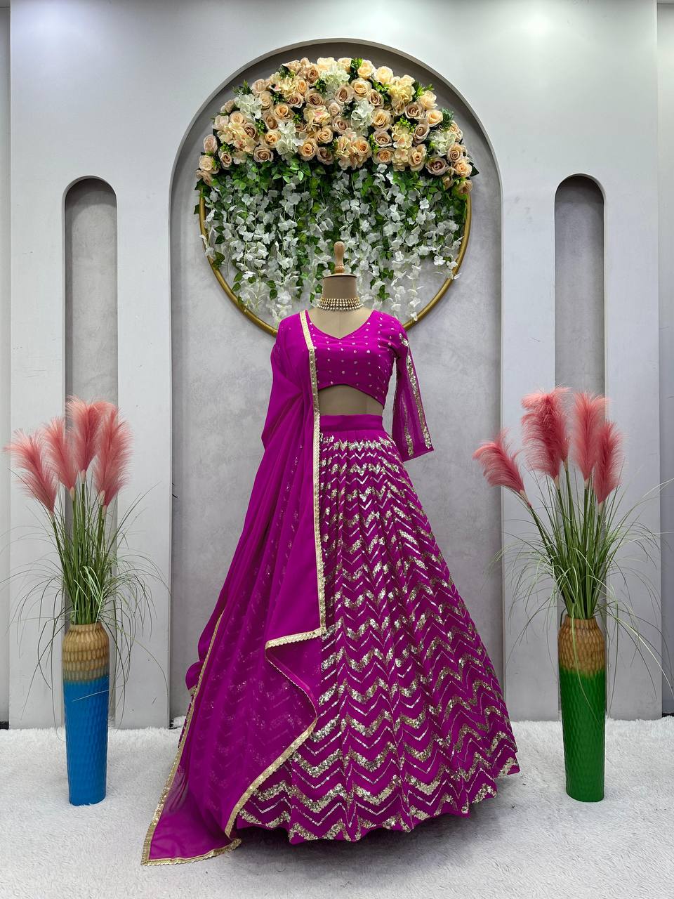 Wedding Wear Wine Color Georgette Sequence Work Lehenga Choli