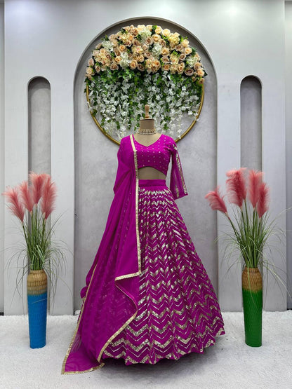 Wedding Wear Wine Color Georgette Sequence Work Lehenga Choli
