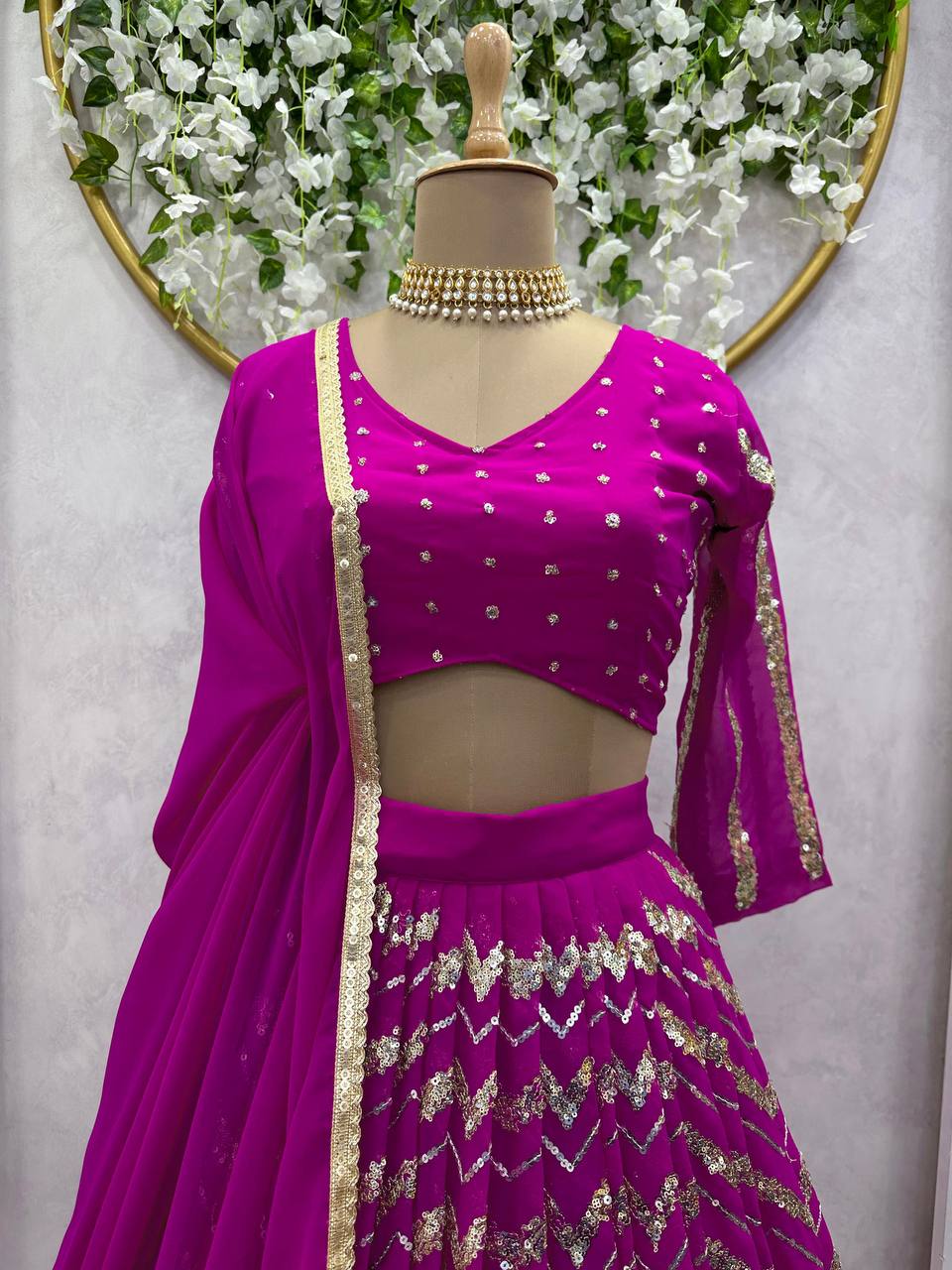 Wedding Wear Wine Color Georgette Sequence Work Lehenga Choli