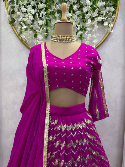 Wedding Wear Wine Color Georgette Sequence Work Lehenga Choli